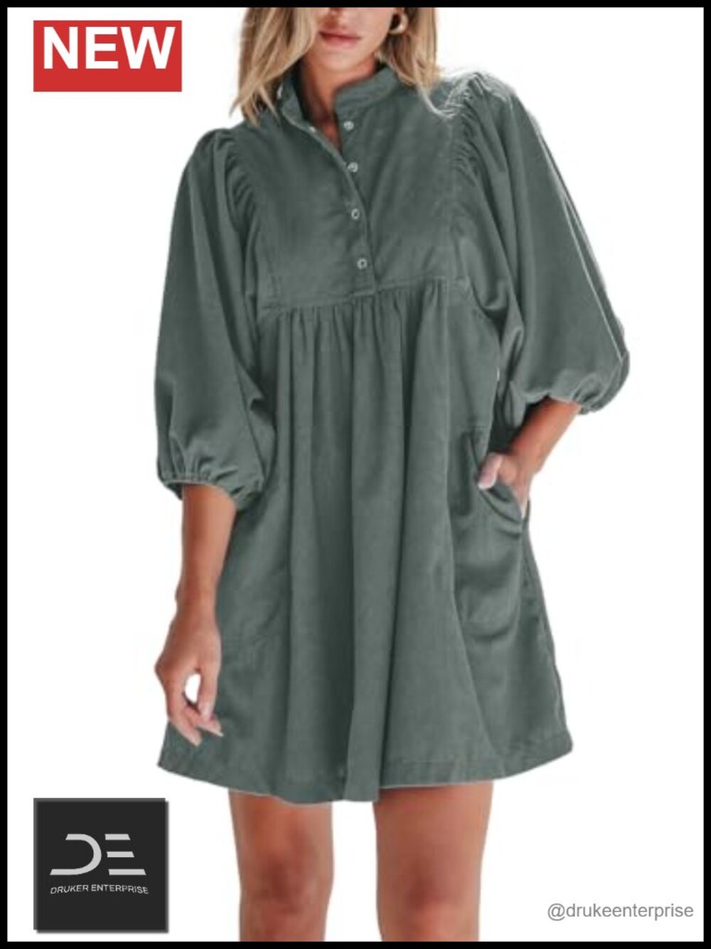 Corduroy Mini Babydoll Dress Puff Sleeve V-Neck A-Line Fall Winter Casual
